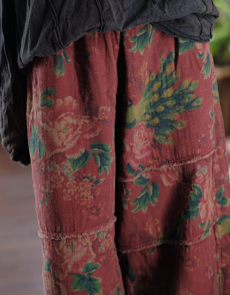 Retro Flower Print Casual Loose Wide Leg Pants Red