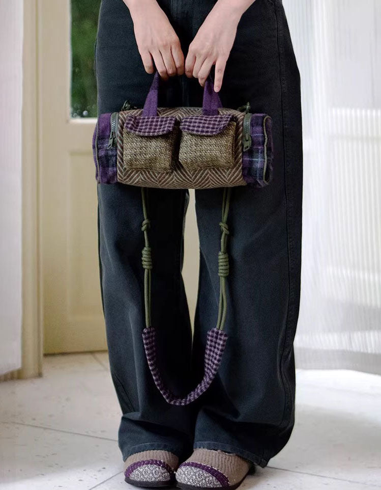 Patchwork wool handbag paired with cozy outfit