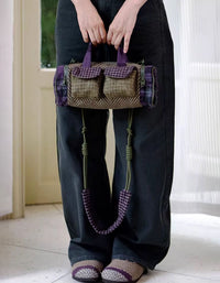 Patchwork wool handbag paired with cozy outfit
