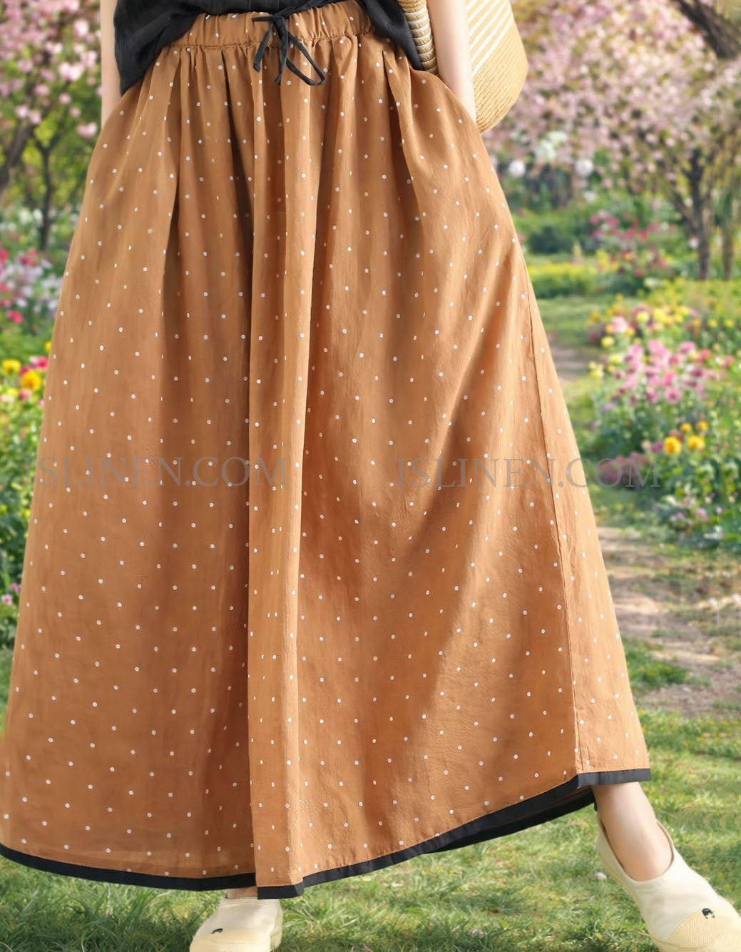 Retro High Waist Polka Dot Linen Maxi Skirt for Women