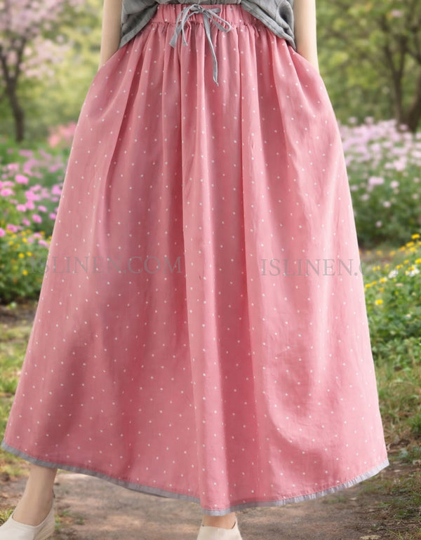 Pink vintage polka dot maxi skirt women