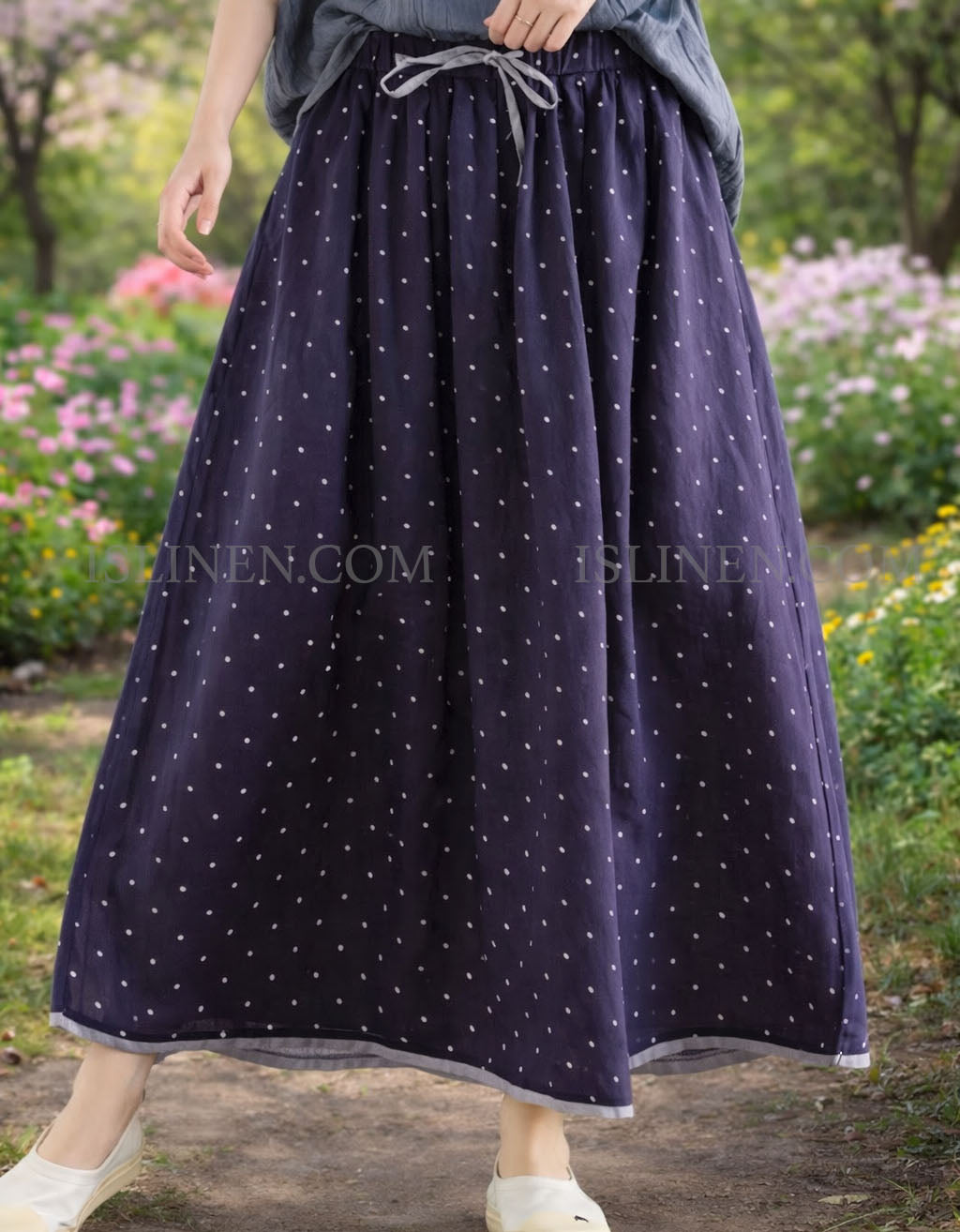 High waist navy cottagecore long skirt front view