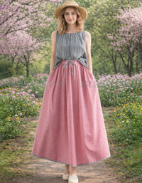 Pink boho flowy ankle length polka dot skirt