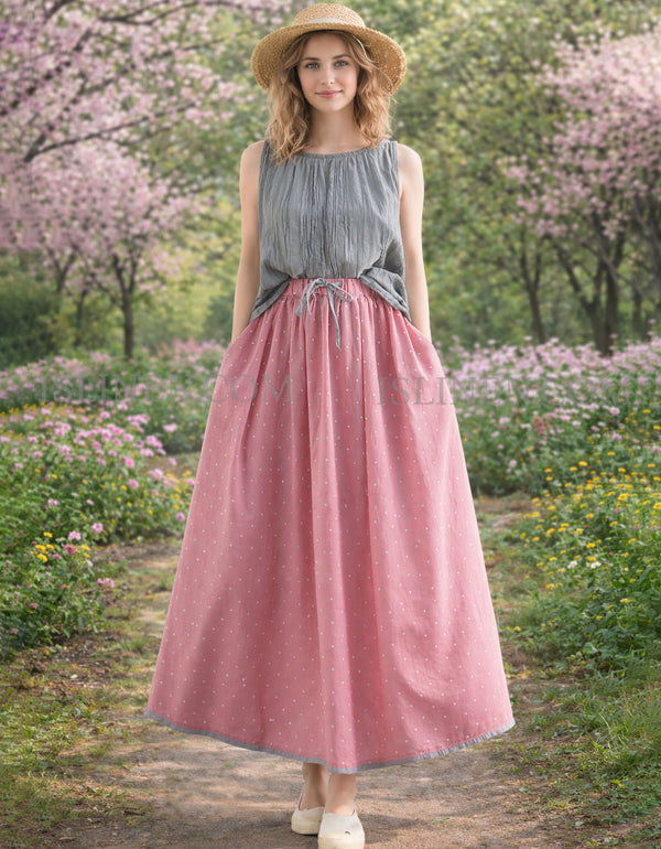 Pink boho flowy ankle length polka dot skirt