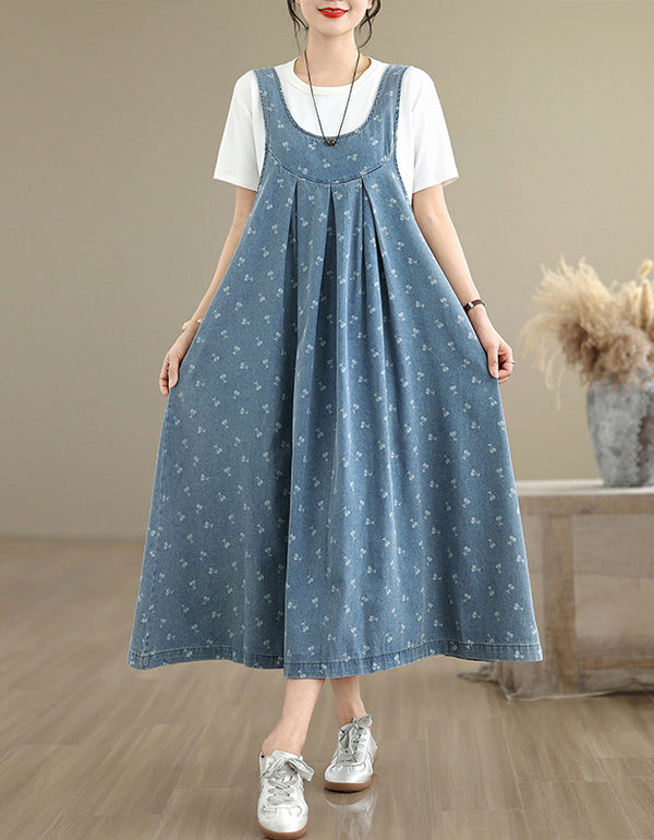 Retro Floral Sleeveless Oversized Denim Dress