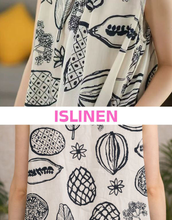 Close‑up of cream fabric with navy botanical and fruit‑style print and round neckline on sleeveless maxi dress.
