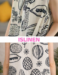 Close‑up of cream fabric with navy botanical and fruit‑style print and round neckline on sleeveless maxi dress.