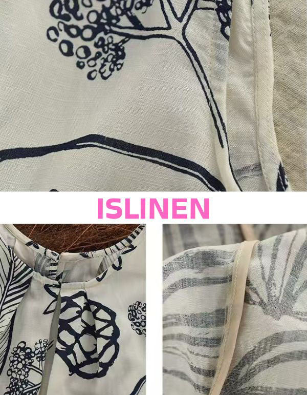 Woman wearing sleeveless cream printed maxi dress with straw hat and neutral flats in a relaxed indoor setting.