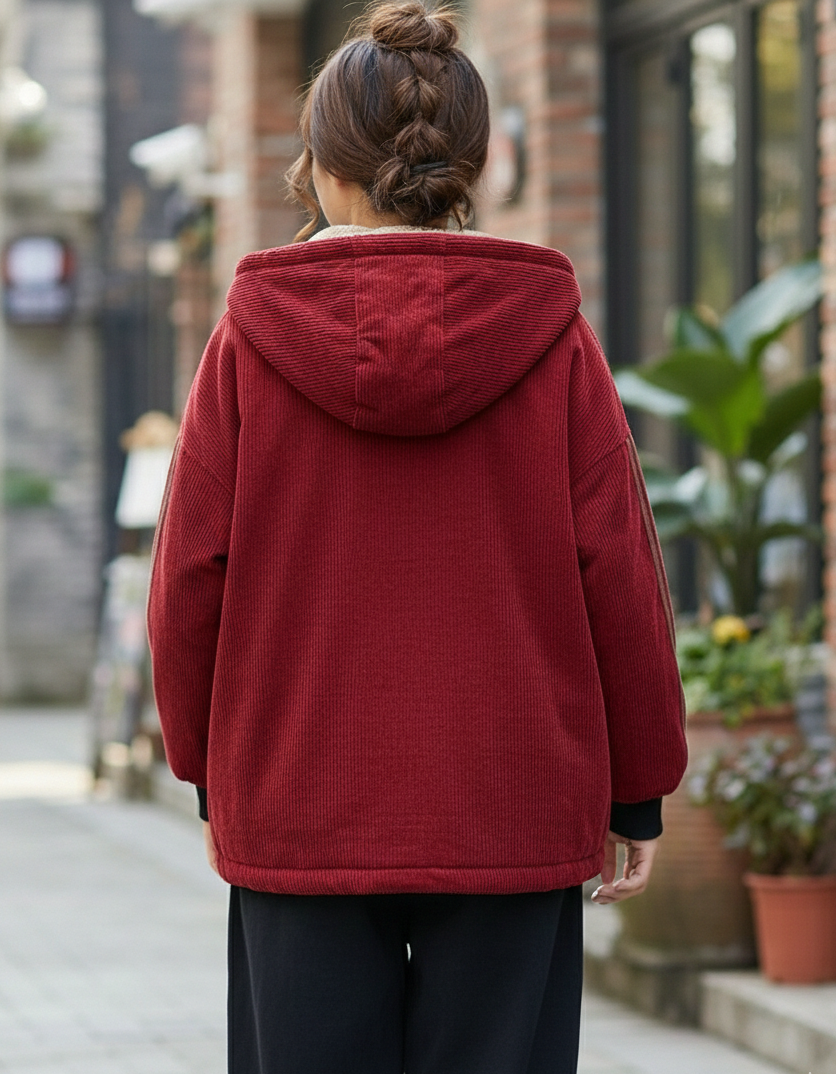 Vintage red corduroy hooded jacket for women displayed on hanger back view
