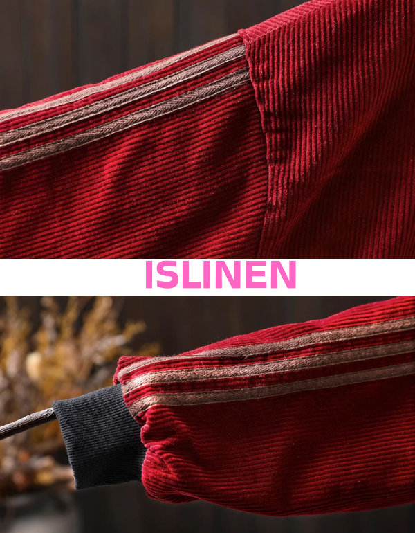 Long sleeve red corduroy jacket showing ribbed cuff detail