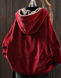Relaxed fit women’s red corduroy hoodie jacket back view