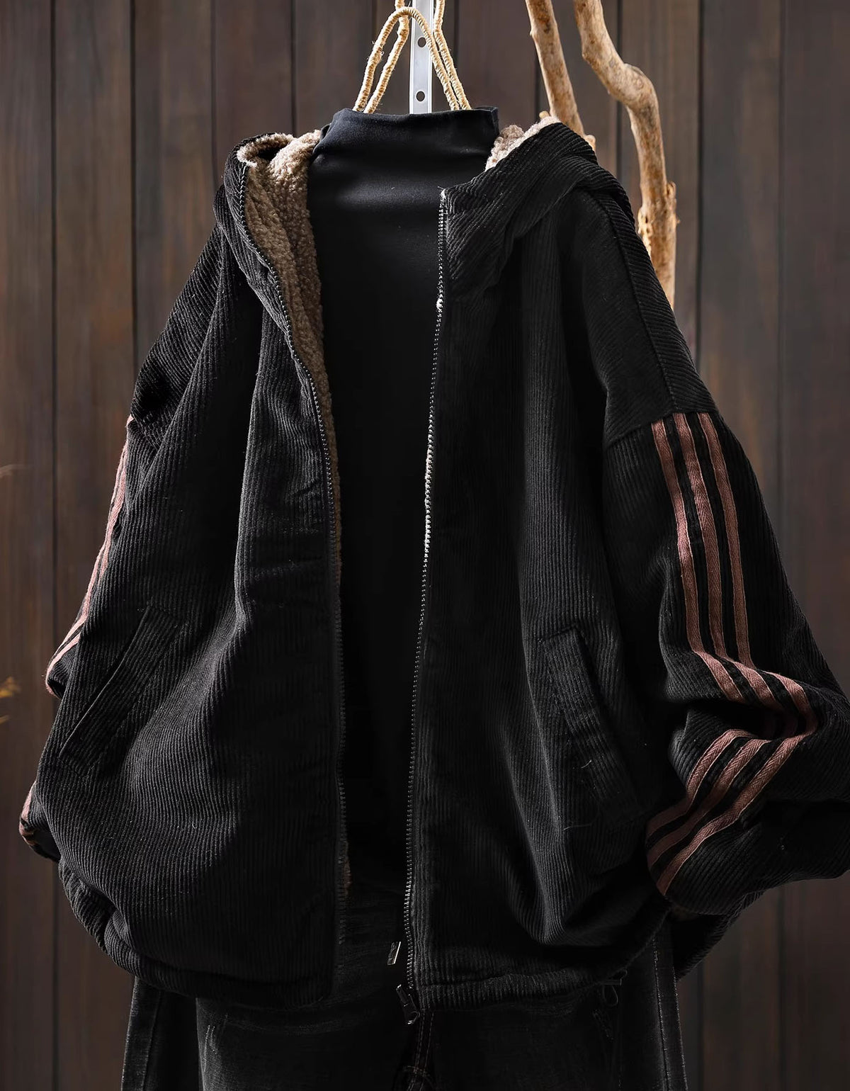 Relaxed fit women’s black corduroy hoodie jacket back view