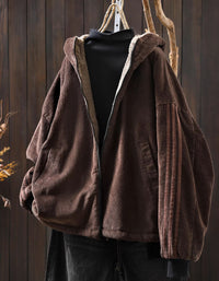 Relaxed fit women’s coffee corduroy hoodie jacket back view