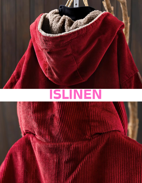 Casual winter outfit styled with red corduroy hooded jacket close-up