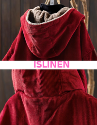 Casual winter outfit styled with red corduroy hooded jacket close-up