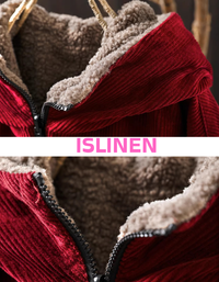 Casual winter outfit styled with red corduroy hooded jacket details