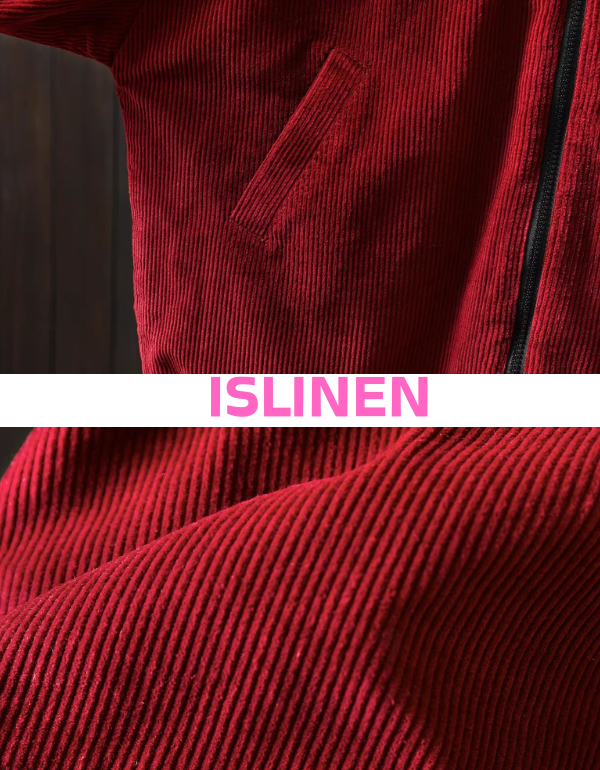 Casual winter outfit styled with red corduroy hooded jacket close-up