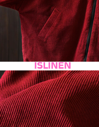 Casual winter outfit styled with red corduroy hooded jacket close-up