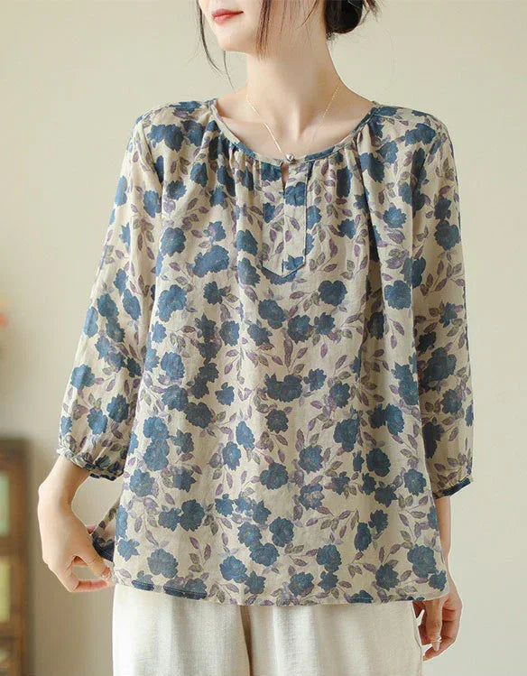 Retro Loose Casual Floral Print Cotton Linen Blouse - Islinen