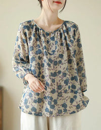 Retro Loose Casual Floral Print Cotton Linen Blouse - Islinen