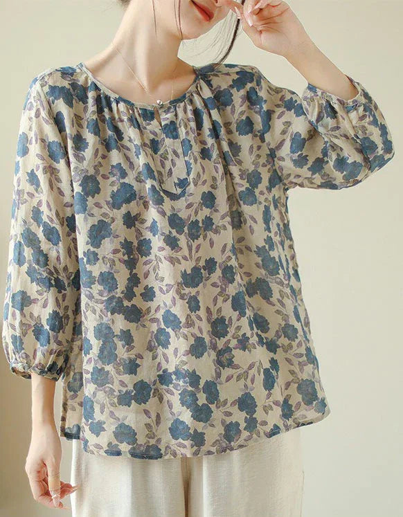 Retro Loose Casual Floral Print Cotton Linen Blouse - Islinen