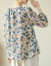 Retro Loose Casual Floral Print Cotton Linen Blouse - Islinen
