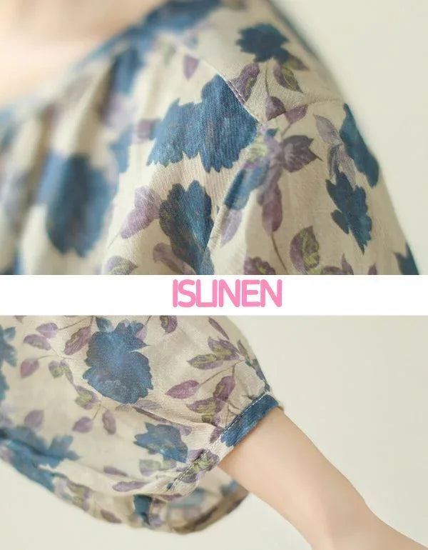 Retro Loose Casual Floral Print Cotton Linen Blouse - Islinen