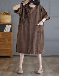 Retro Loose Casual Side Ties Denim Tunic Dress - Islinen