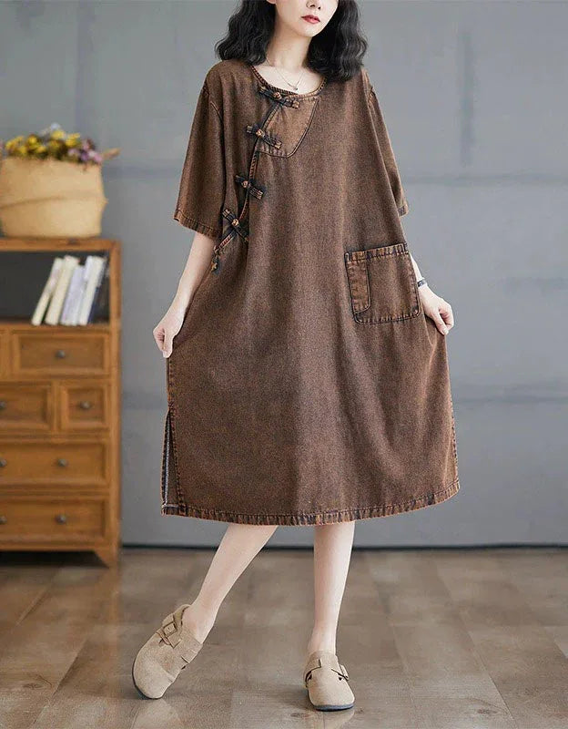 Retro Loose Casual Side Ties Denim Tunic Dress - Islinen