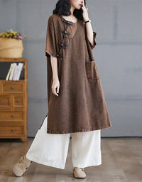 Retro Loose Casual Side Ties Denim Tunic Dress - Islinen