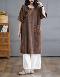 Retro Loose Casual Side Ties Denim Tunic Dress - Islinen