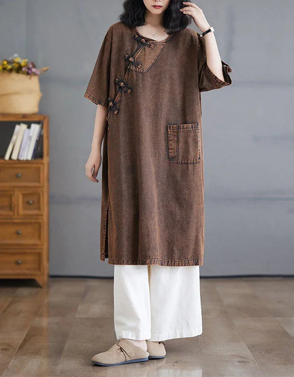 Retro Loose Casual Side Ties Denim Tunic Dress - Islinen