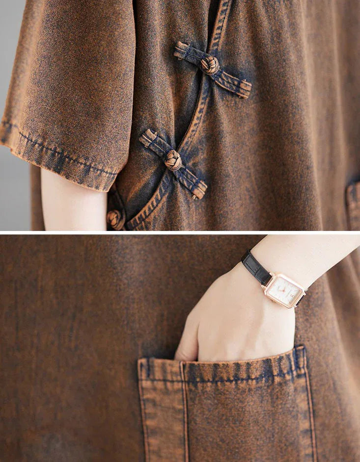 Retro Loose Casual Side Ties Denim Tunic Dress - Islinen