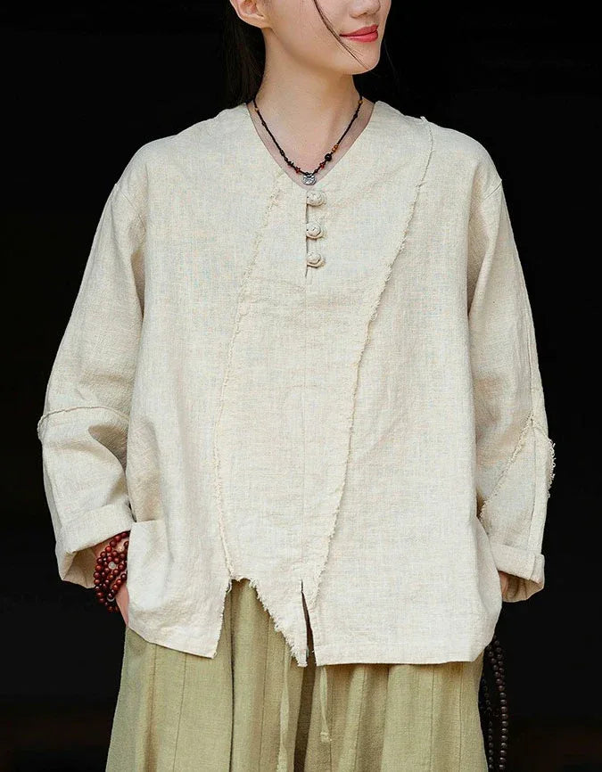 Retro Loose Casual V-Neck Button Linen Blouse - Islinen