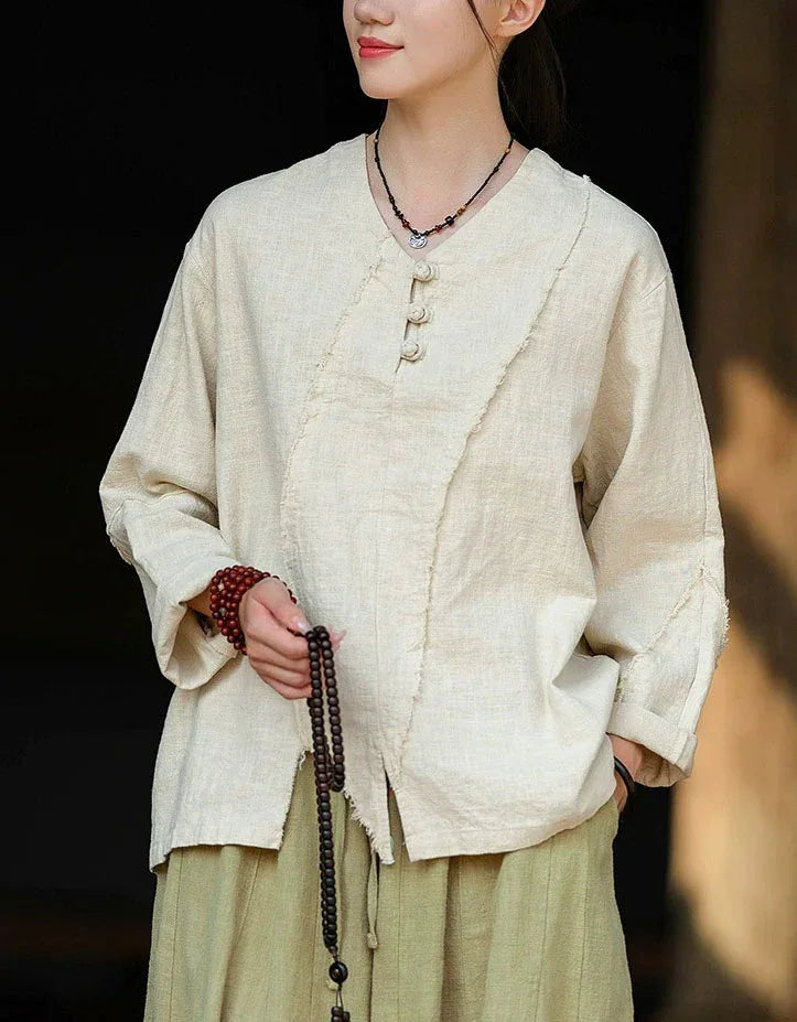 Retro Loose Casual V-Neck Button Linen Blouse - Islinen