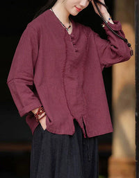 Retro Loose Casual V-Neck Button Linen Blouse - Islinen