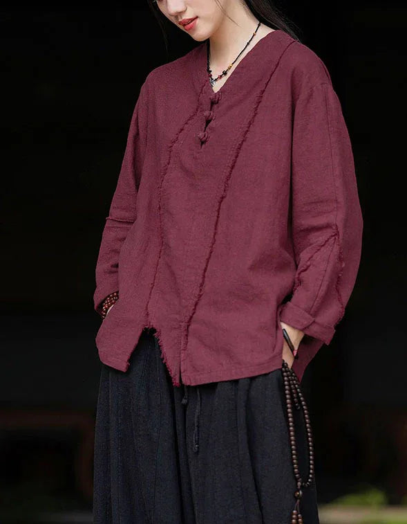 Retro Loose Casual V-Neck Button Linen Blouse - Islinen