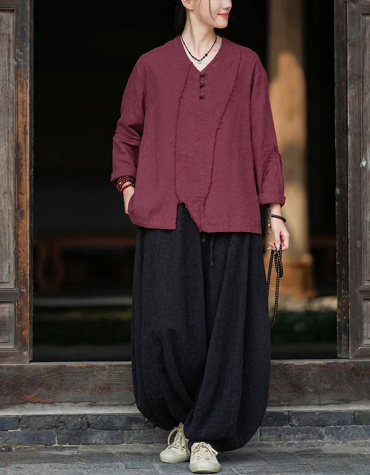 Retro Loose Casual V-Neck Button Linen Blouse - Islinen