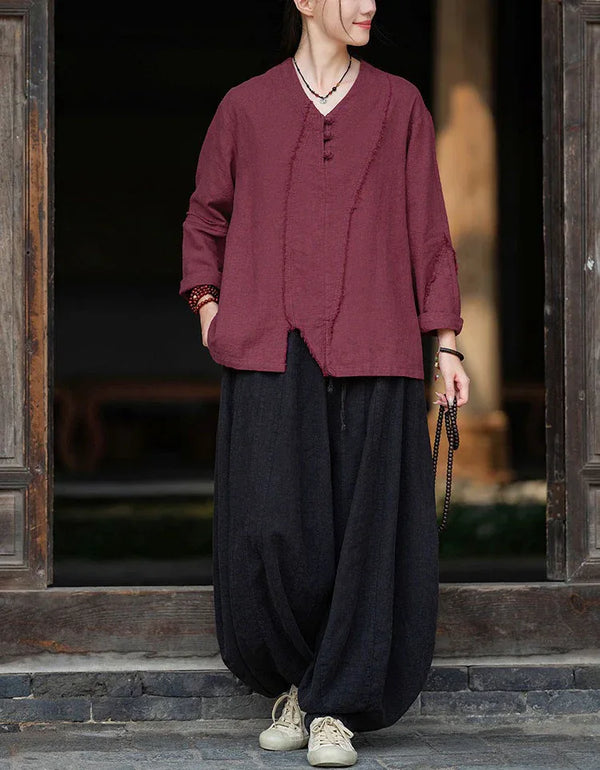 Retro Loose Casual V-Neck Button Linen Blouse - Islinen