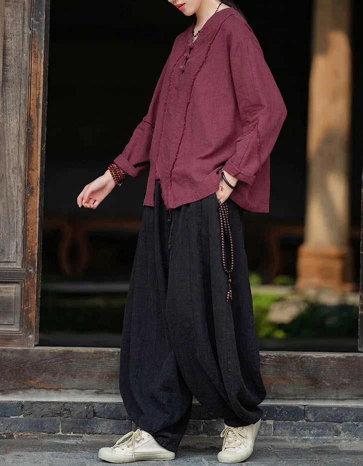 Retro Loose Casual V-Neck Button Linen Blouse - Islinen