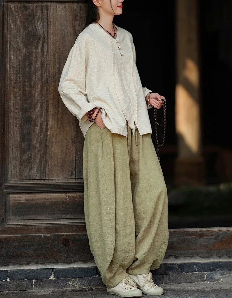 Retro Loose Casual V-Neck Button Linen Blouse - Islinen