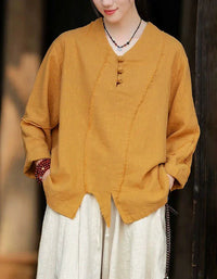 Retro Loose Casual V-Neck Button Linen Blouse - Islinen