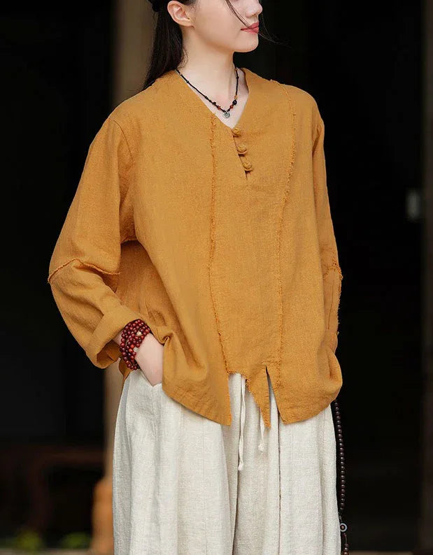 Retro Loose Casual V-Neck Button Linen Blouse - Islinen