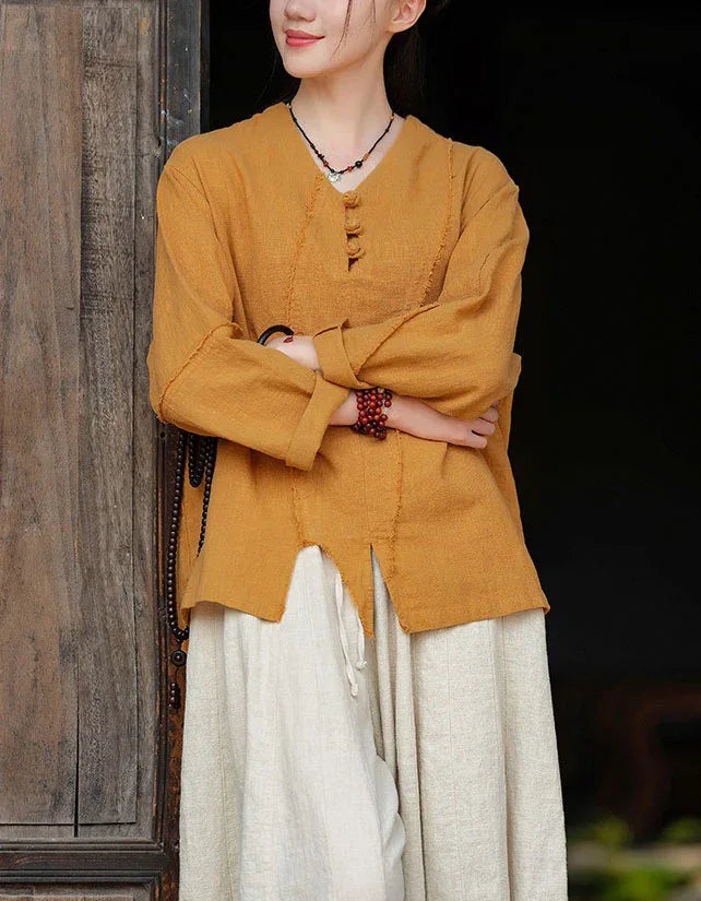 Retro Loose Casual V-Neck Button Linen Blouse - Islinen
