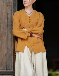 Retro Loose Casual V-Neck Button Linen Blouse - Islinen