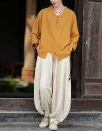Retro Loose Casual V-Neck Button Linen Blouse - Islinen