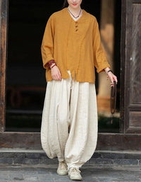 Retro Loose Casual V-Neck Button Linen Blouse - Islinen