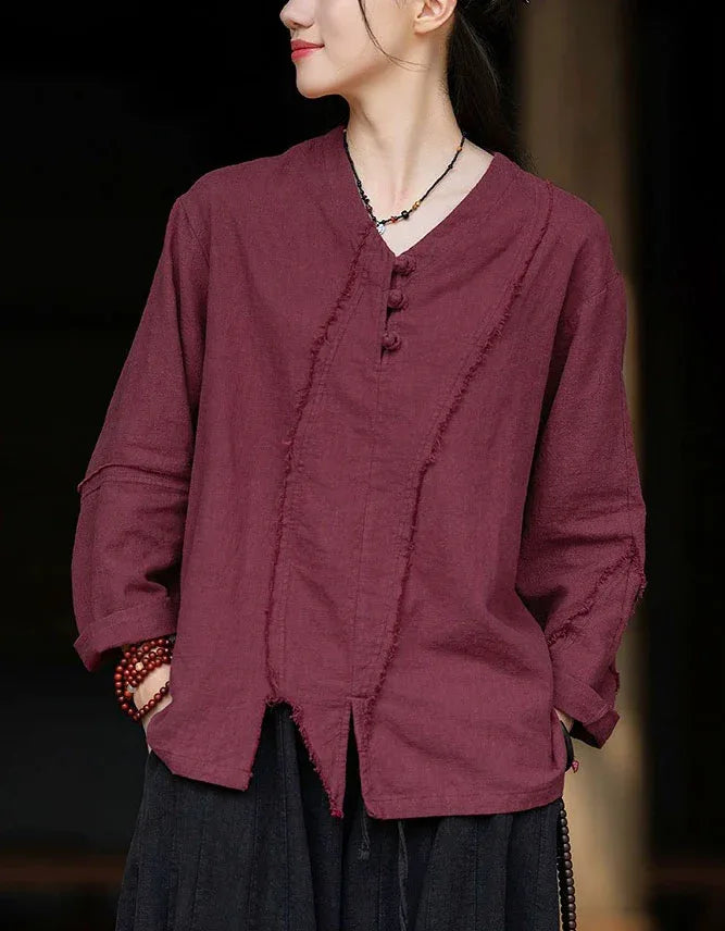 Retro Loose Casual V-Neck Button Linen Blouse - Islinen