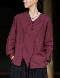 Retro Loose Casual V-Neck Button Linen Blouse - Islinen