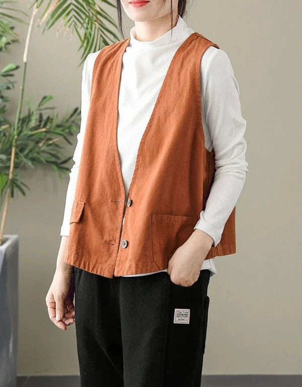 Retro Loose Casual V-Neck Cotton Linen Vest - Islinen